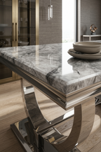 Arianna  Grey Marble Top Dining Set With Lewis Lion Knocker Velvet Chairs