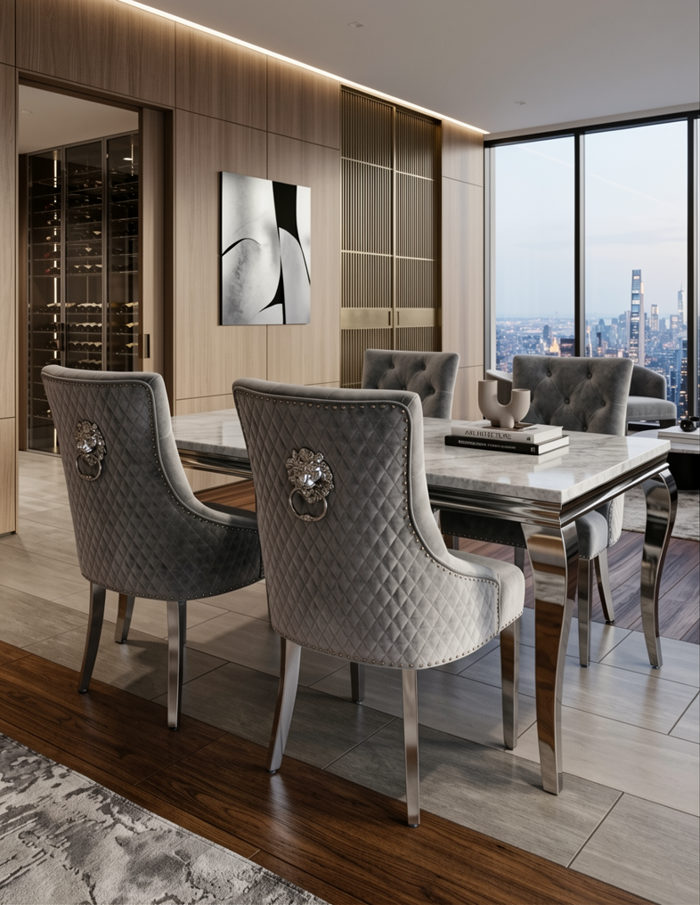 Louis Marble Dining Table Set With 4 Bentley Lion Knockerback Chairs