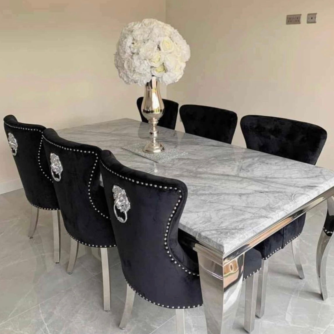 Louis marble 2.0M dining table with 6 or 8 cheshire black knocker dining chairs