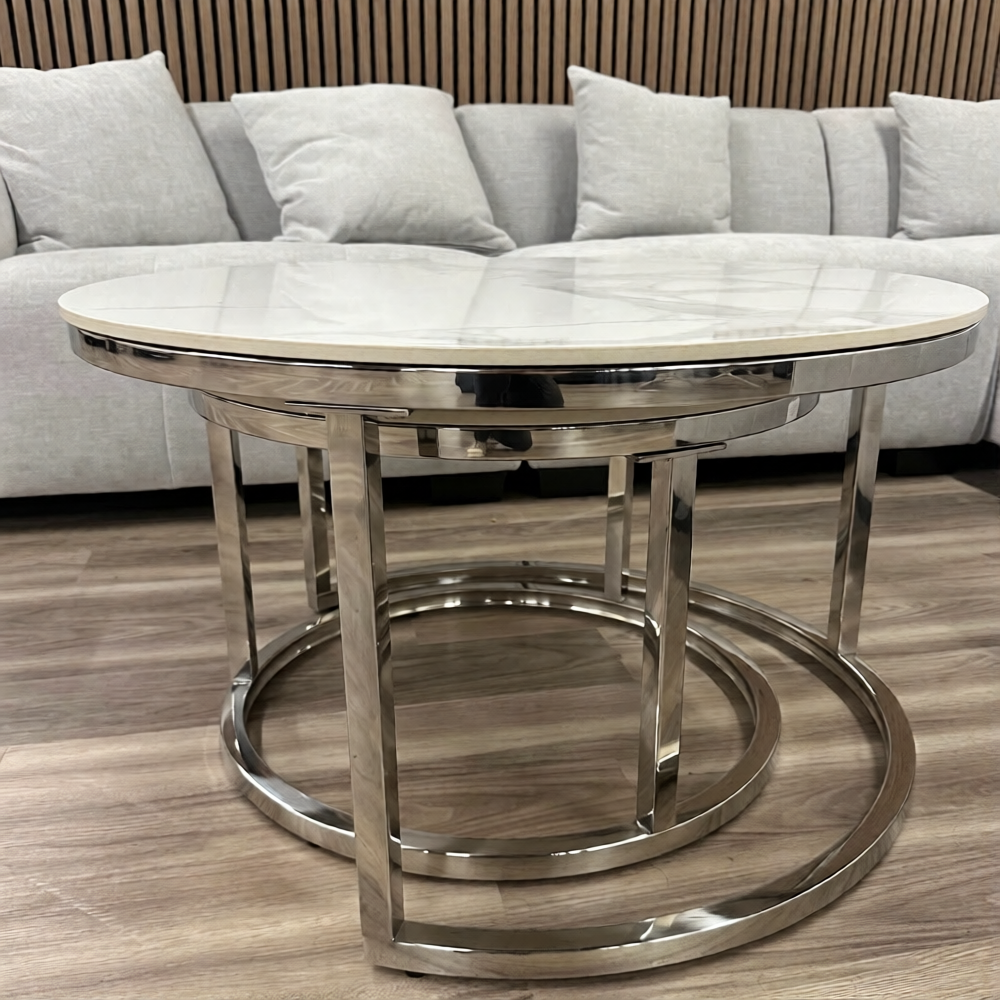 Kaito Nest of 2 Short Round Coffee Silver Tables with Polar White Sintered Stone Tops