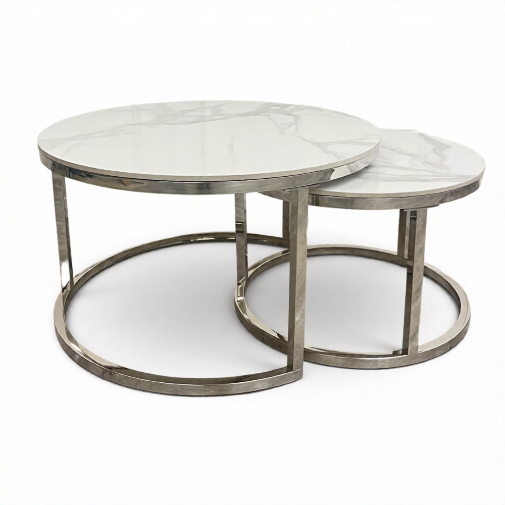 Kaito Nest of 2 Short Round Coffee Silver Tables with Polar White Sintered Stone Tops