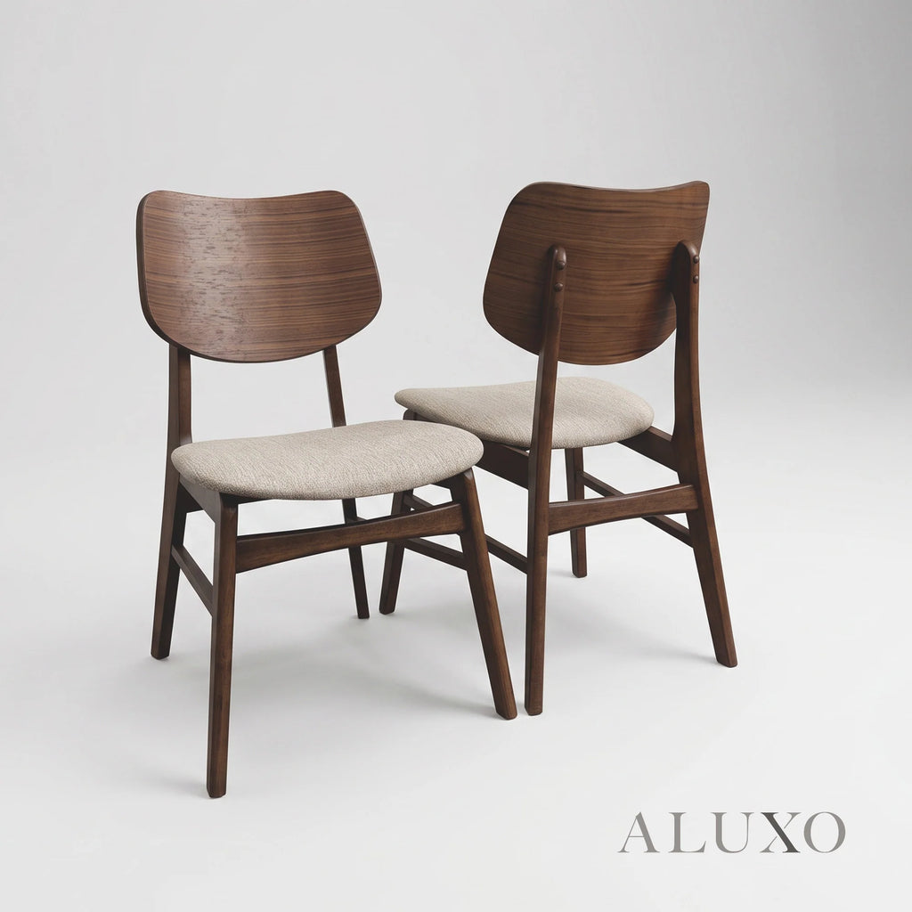ALUXO® Daisy 1.5m Walnut Dining Set – 4-Leg Base Table with 4/6 Kingswood Oatmeal Bouclé Chairs