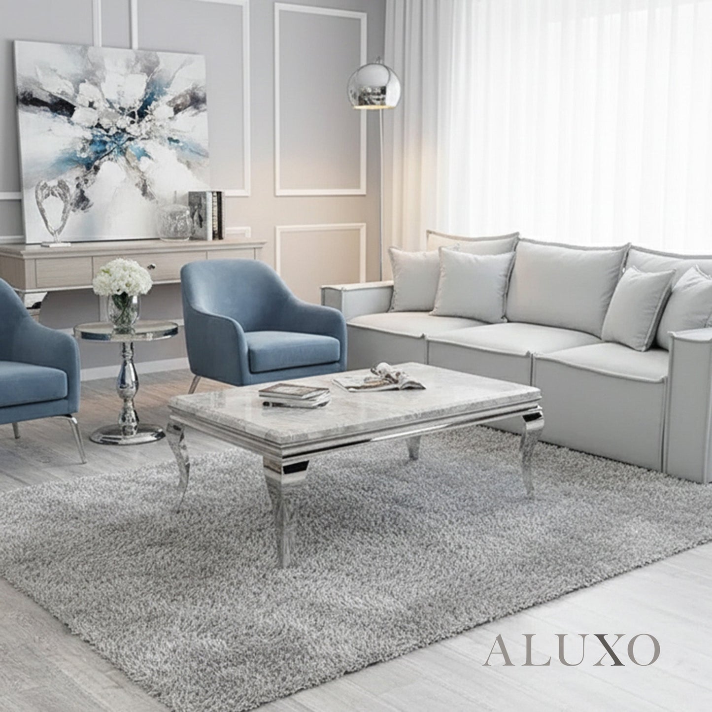 Lorens 130cm Chrome Coffee Table with Light Grey Marble Top – Curved Leg Design