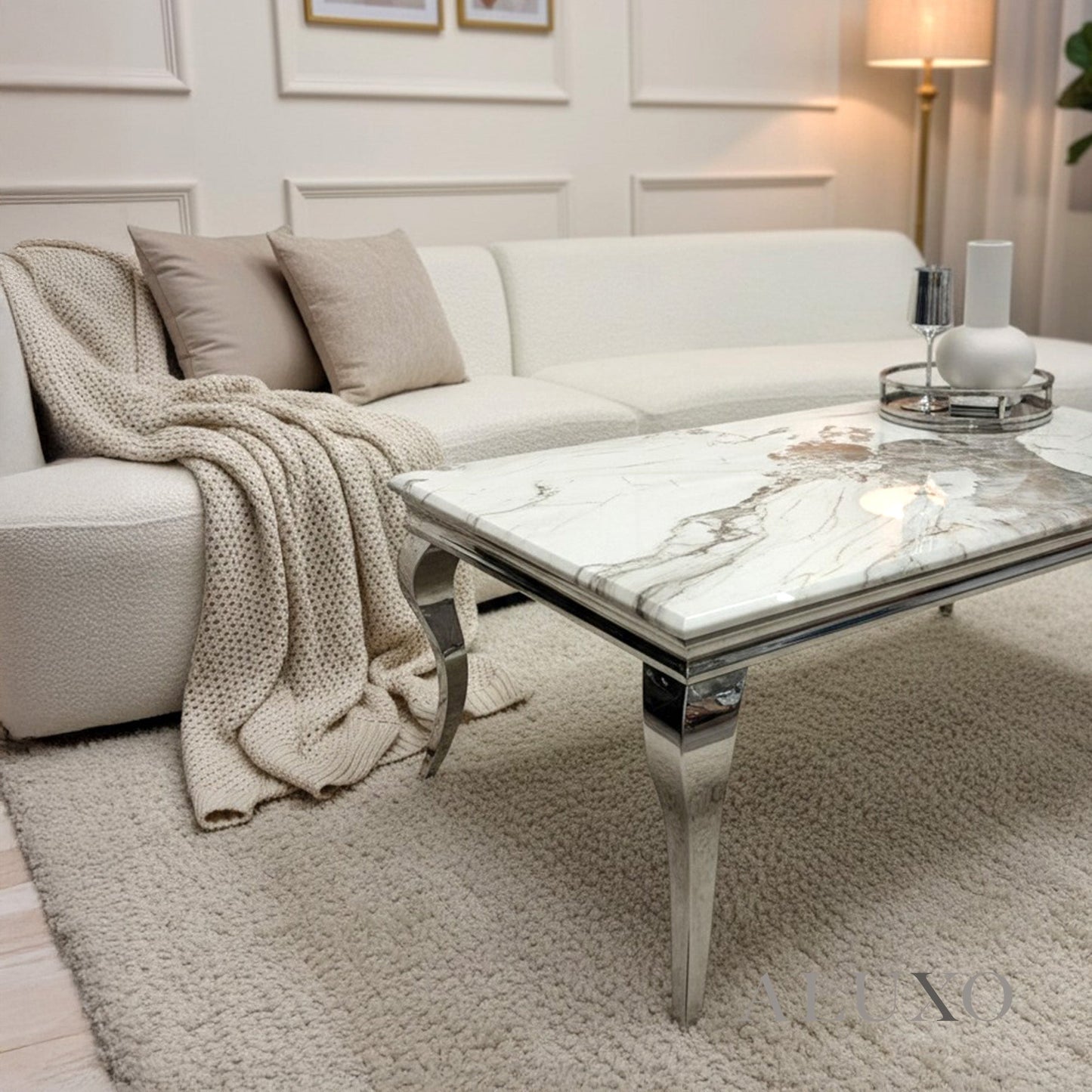 Lorens 130cm Chrome Coffee Table with Cream Marble Top – Curved Leg Design