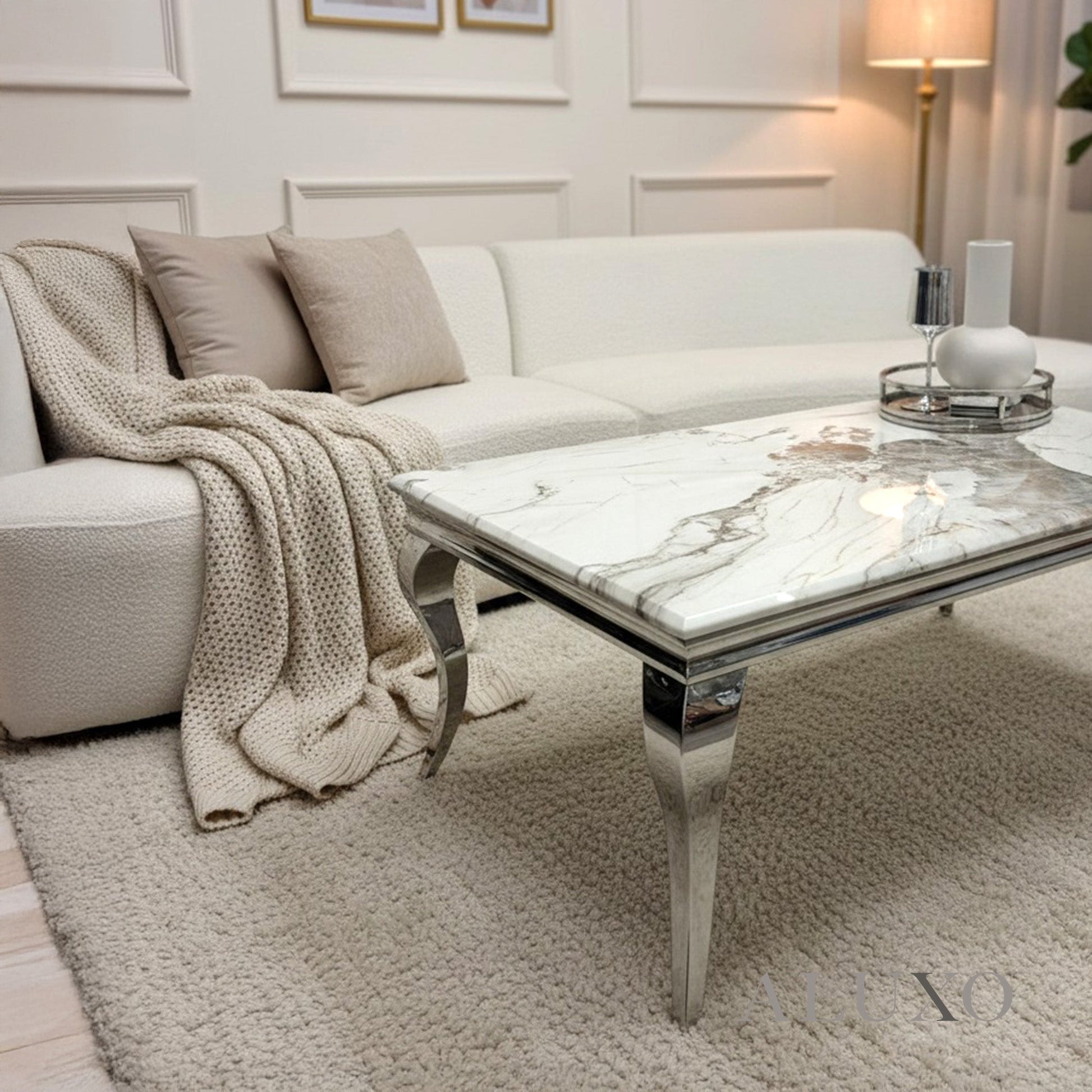 Lorens 130cm Chrome Coffee Table with Cream Marble Top – Curved Leg Design
