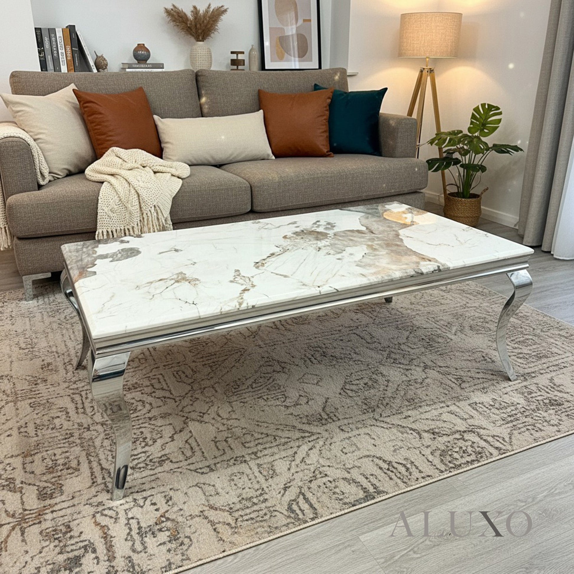 Lorens 130cm Chrome Coffee Table with Cream Marble Top – Curved Leg Design