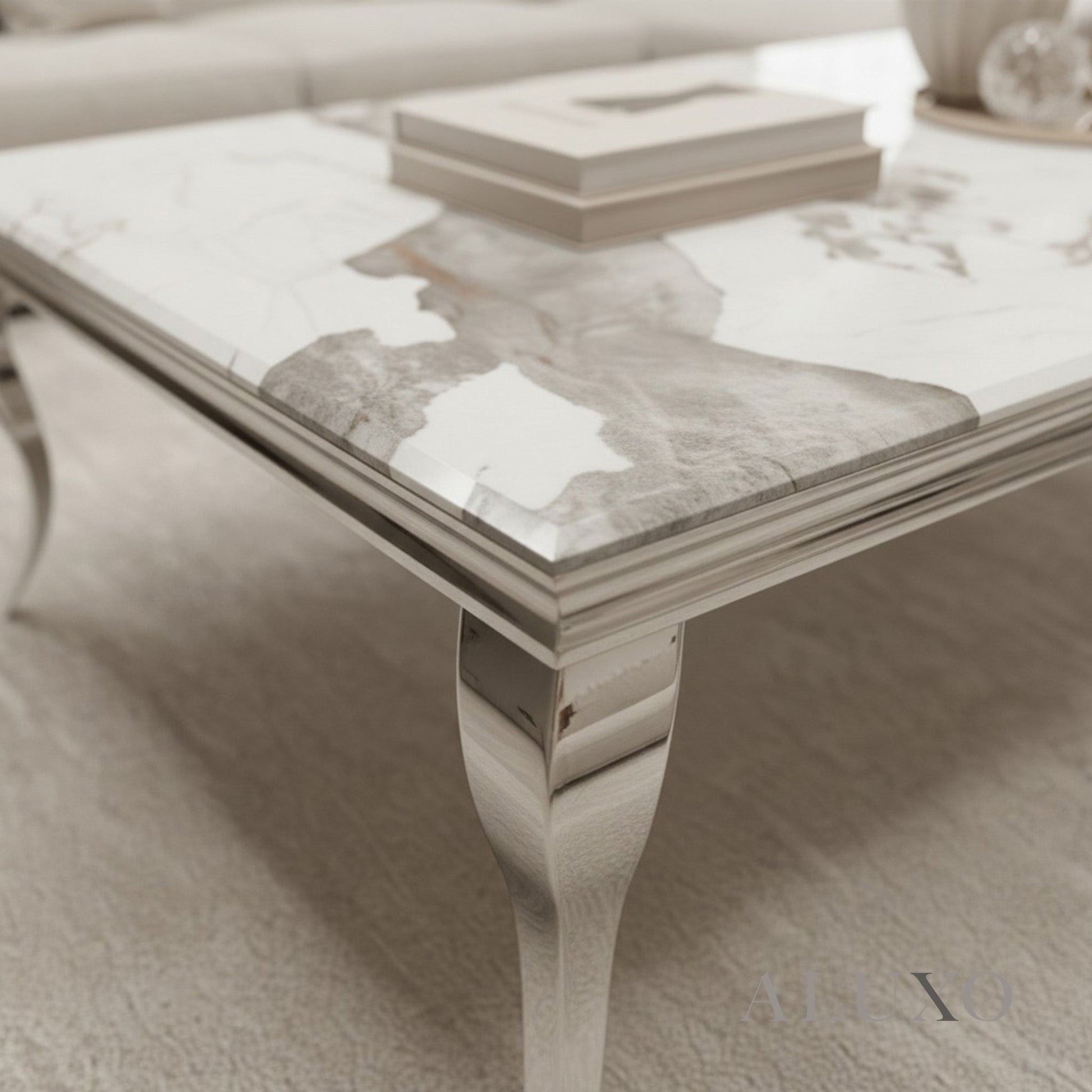 Lorens 130cm Chrome Coffee Table with Cream Marble Top – Curved Leg Design