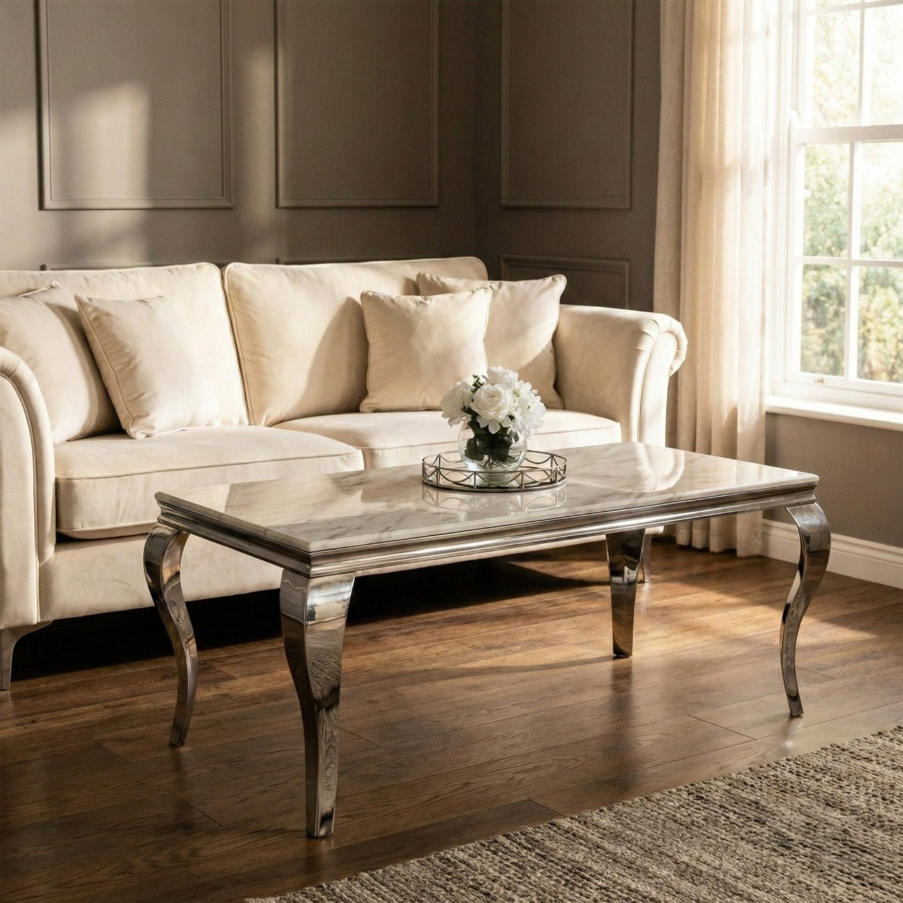 Lorens 130cm Chrome Coffee Table with White Marble Top