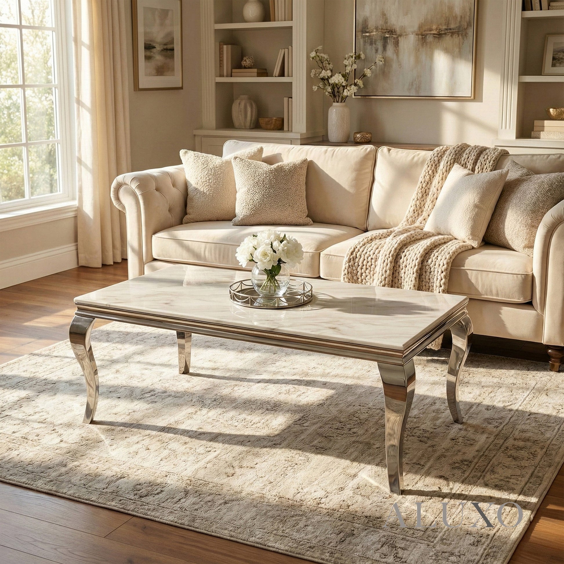 Lorens 130cm Chrome Coffee Table with White Marble Top – Curved Leg Design