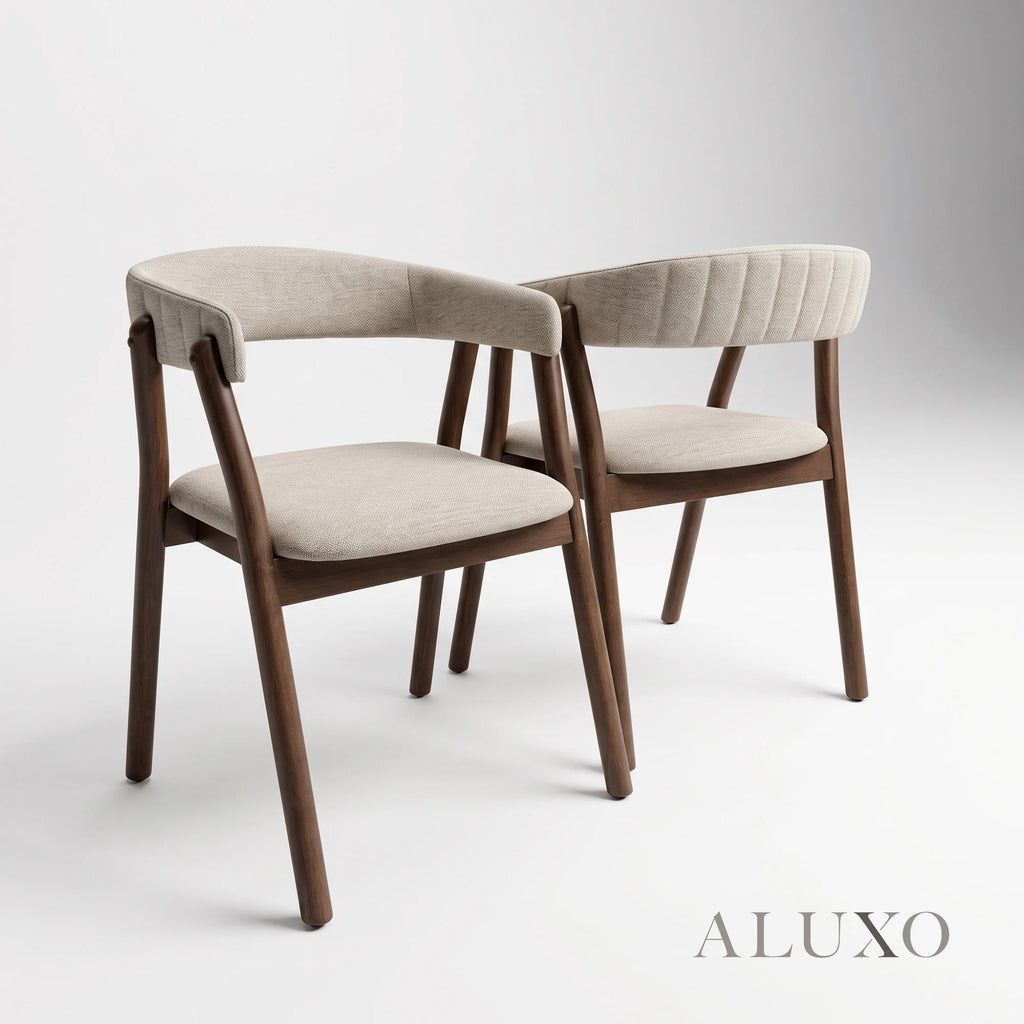 ALUXO® Remy 1.37m Round Walnut Dining Set – Ebony Sculptural Base Table with 4 Linus Oatmeal Bouclé Chairs