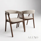 ALUXO® Remy 1.37m Round Walnut Dining Set – Ebony Sculptural Base Table with 4 Linus Oatmeal Bouclé Chairs