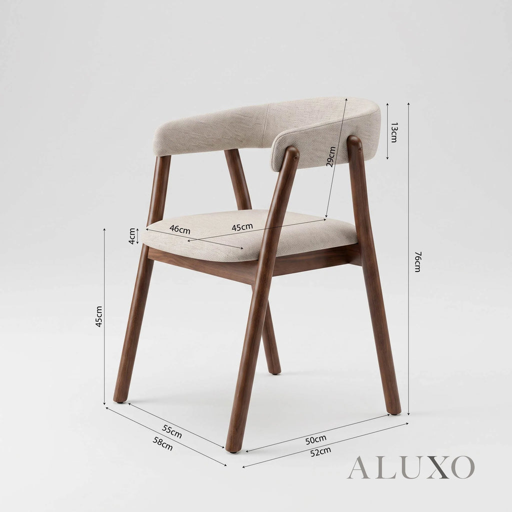 ALUXO® Remy 1.37m Round Walnut Dining Set – Ebony Sculptural Base Table with 4 Linus Oatmeal Bouclé Chairs