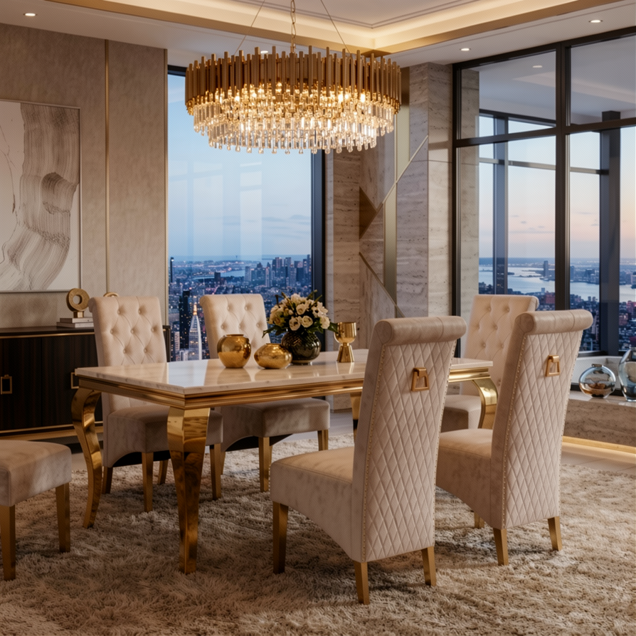 Louis Cream Gold Dining Set With 4 Emma Chairs