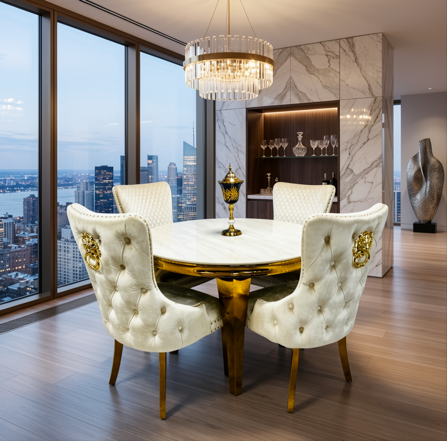 Louis Cream & Gold Marble Dining Set With Victoria Chairs