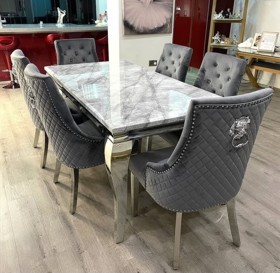 Louis Marble dining set with Bentley Dark Grey Chairs