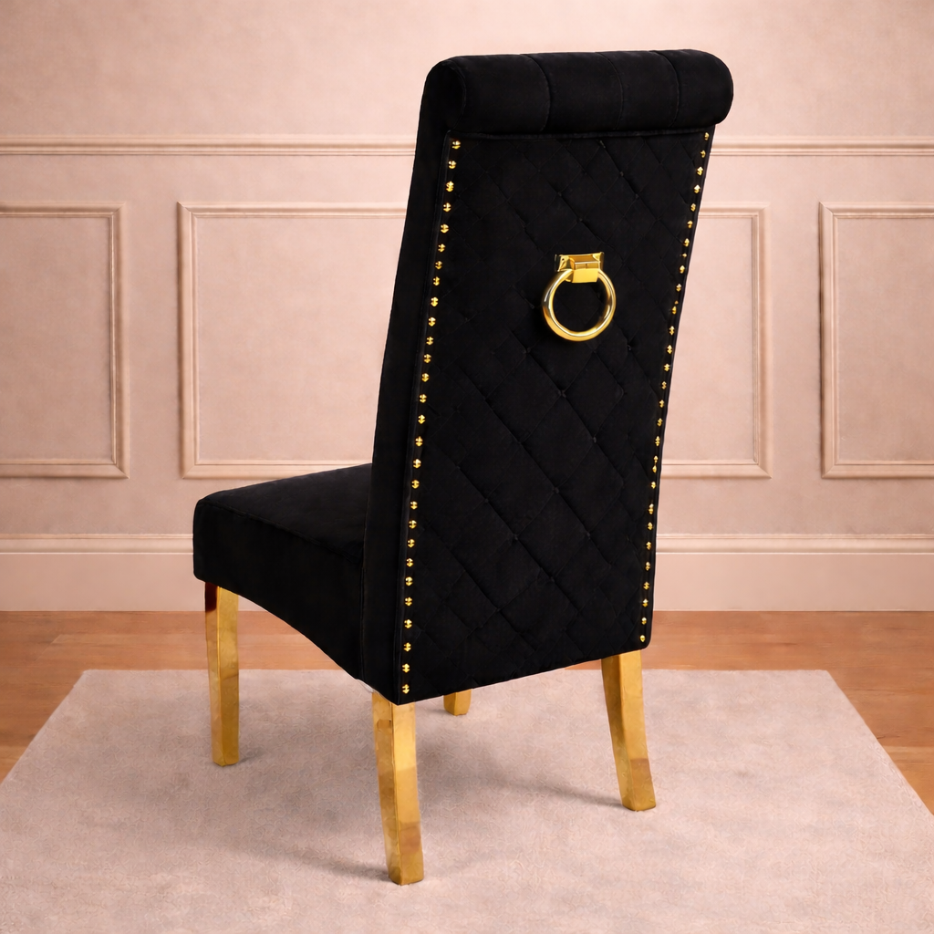 Lucy gold and black velvet dining chairs