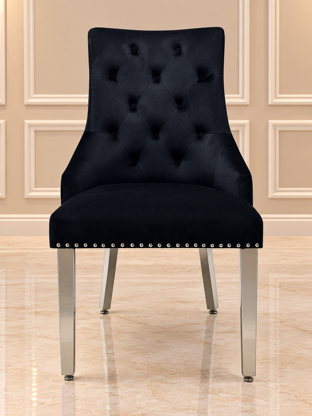 Louis 130cm Black Round Table With 4 Black Roma Lion Knocker Chairs