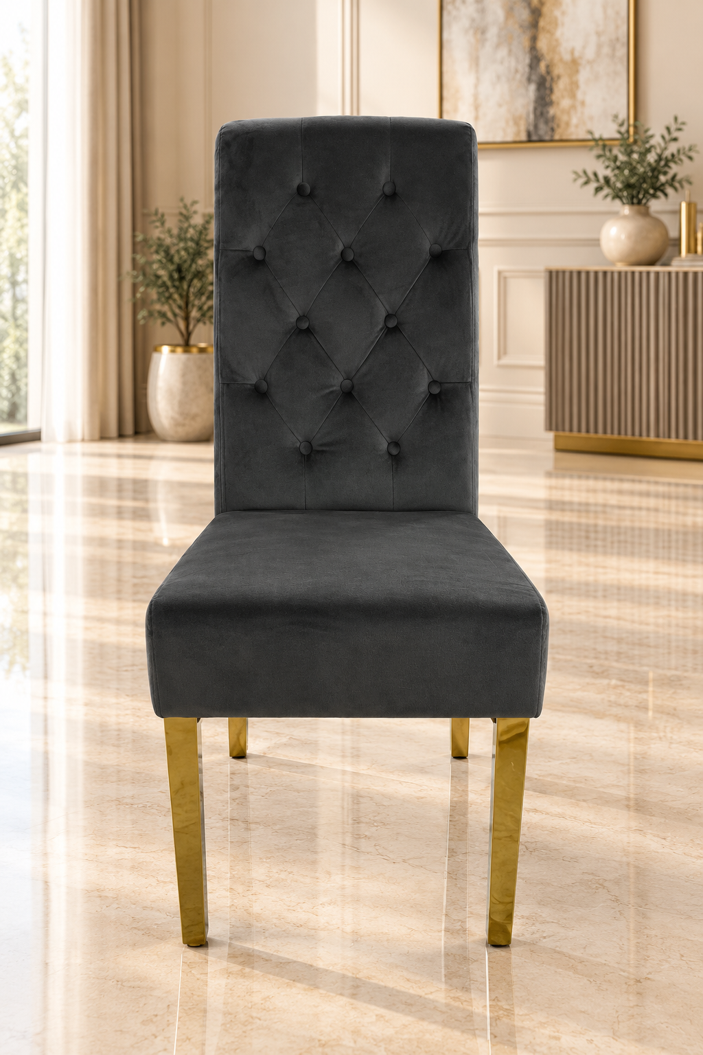 Roma 180CM Gold Marble Dining Table With Lucy Gold Ring Knocker Quilted Dining Chairs