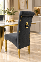 Roma 180CM Gold Marble Dining Table With Lucy Gold Ring Knocker Quilted Dining Chairs