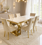 Roma Gold Cream Marble Dining Table + Gold Roma Mink Dining Chairs Lion Knocker