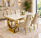 Roma Gold Cream Marble Dining Table + Gold Roma Mink Dining Chairs Lion Knocker