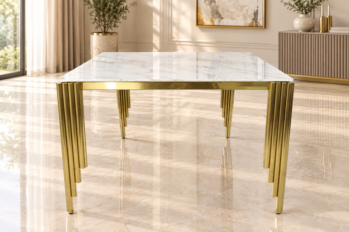 Roma 180CM Gold Marble Dining Table With Lucy Gold Ring Knocker Quilted Dining Chairs
