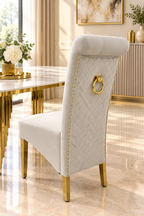 Roma 180CM Gold Marble Dining Table With Lucy Gold Ring Knocker Quilted Dining Chairs