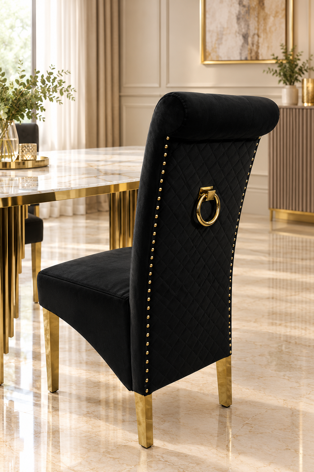 Roma 180CM Gold Marble Dining Table With Lucy Gold Ring Knocker Quilted Dining Chairs