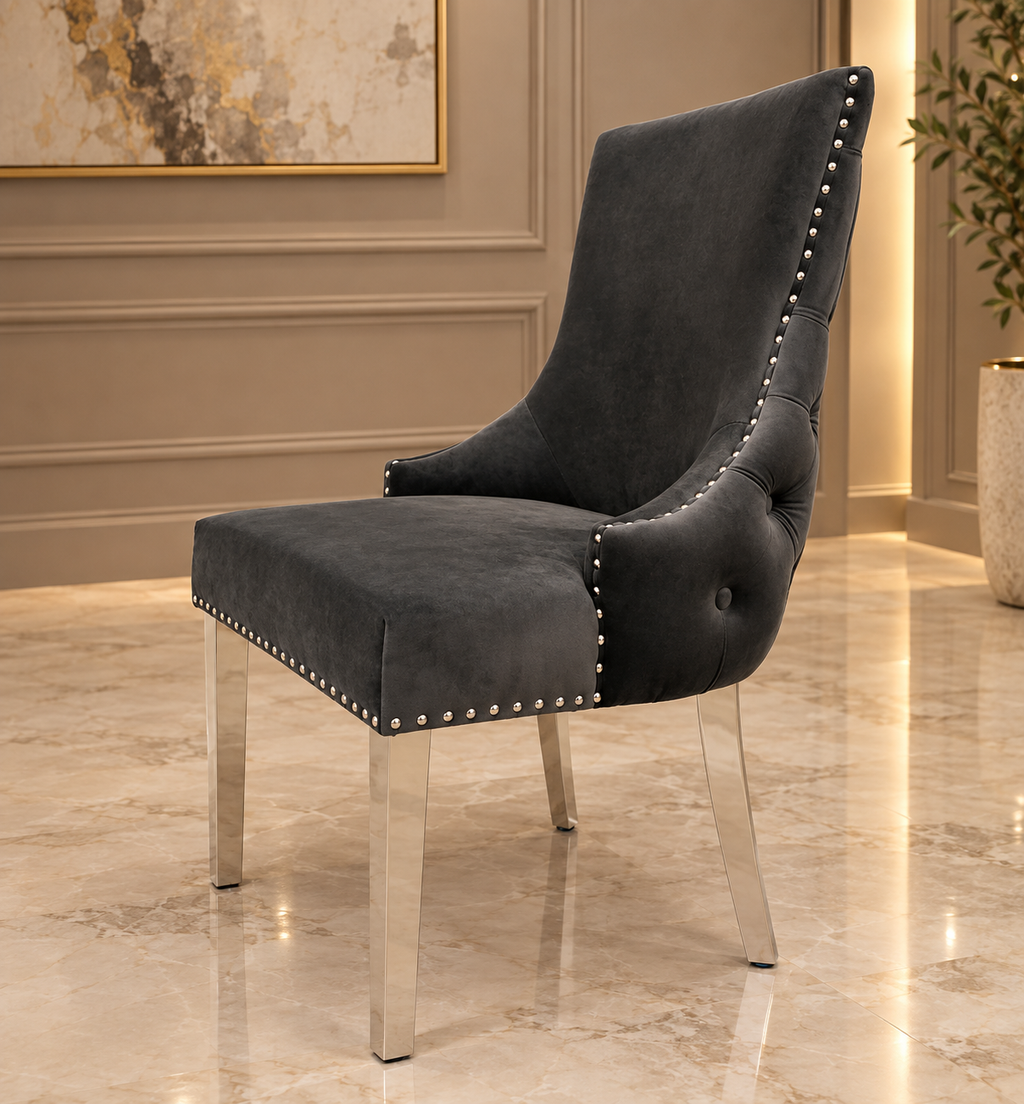 Lewis Marble Dining Table with Kensington Dark Grey Dining Chairs | Elite Ambient Interiors