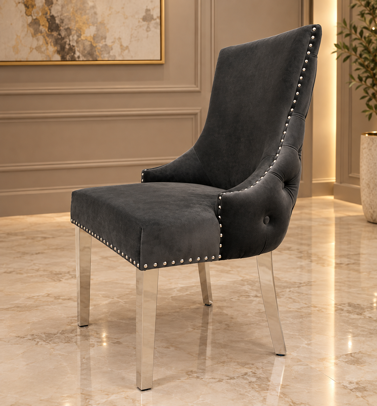 Lewis Marble Dining Table with Kensington Dark Grey Dining Chairs | Elite Ambient Interiors
