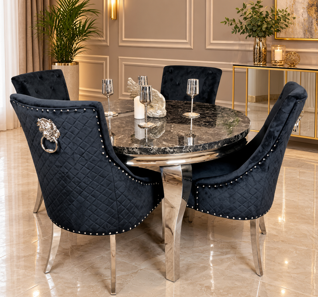 Louis 130cm Black Round Table With 4 Black Roma Lion Knocker Chairs