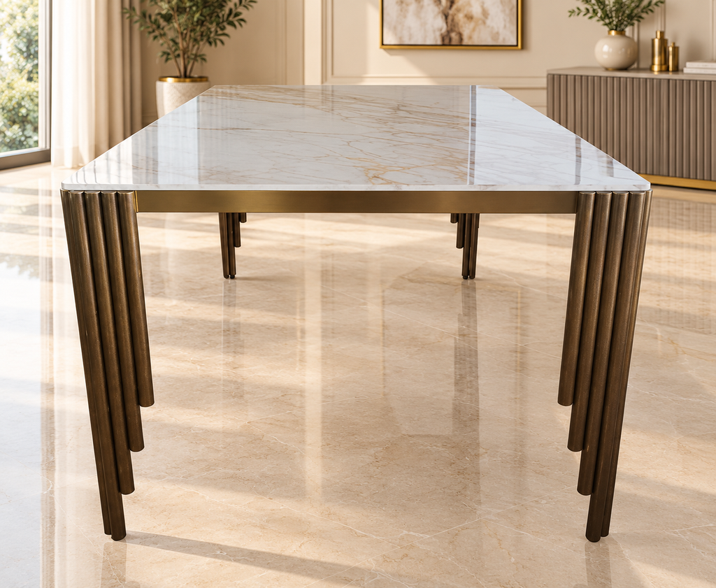 Roma 180CM Gold Marble Dining Table With Lucy Gold Ring Knocker Quilted Dining Chairs