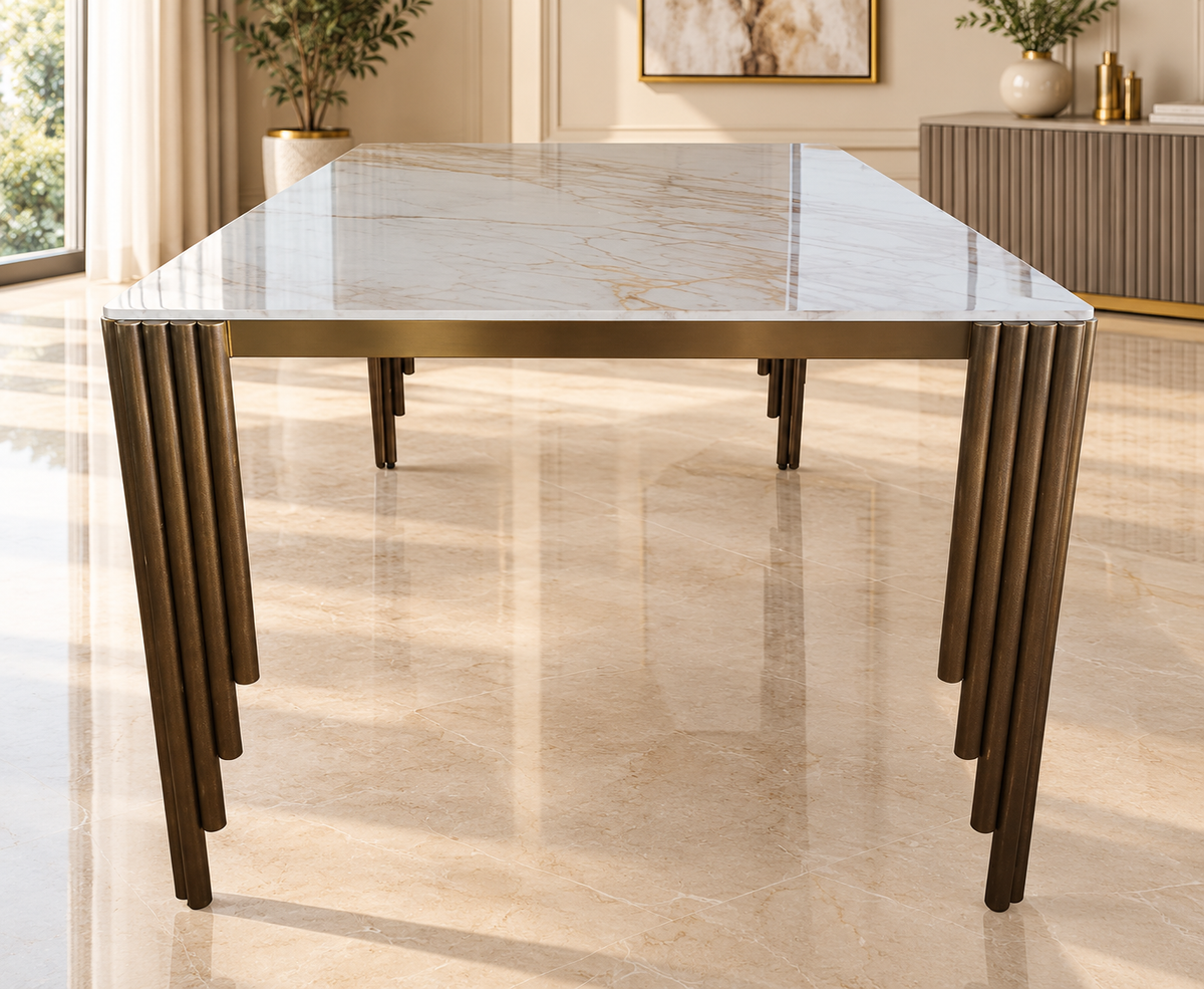 Roma 180CM Gold Marble Dining Table With Lucy Gold Ring Knocker Quilted Dining Chairs