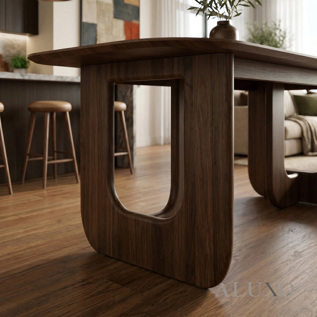 ALUXO® Madrid 2.0m Walnut Dining Set – Open Ebony Base Table with 4/6 Madrid Cream Bouclé Chairs