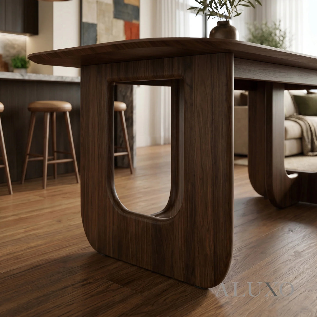 ALUXO® Madrid 2.0m Walnut Dining Set – Open Ebony Base Table with 4/6 Madrid Cream Bouclé Chairs