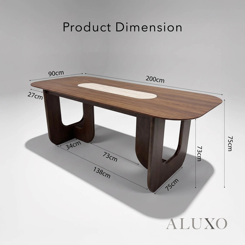 ALUXO® Madrid 2.0m Walnut Dining Set – Open Ebony Base Table with 4/6 Madrid Cream Bouclé Chairs