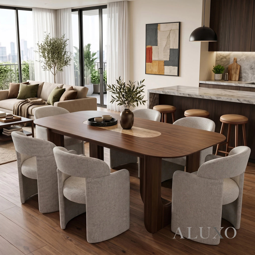 ALUXO® Madrid 2.0m Walnut Dining Set – Open Ebony Base Table with 4/6 Madrid Cream Bouclé Chairs
