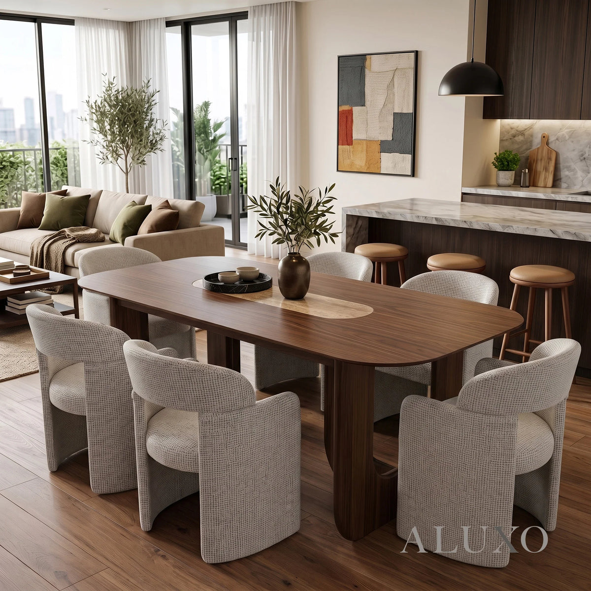 ALUXO® Madrid 2.0m Walnut Dining Set – Open Ebony Base Table with 4/6 Madrid Cream Bouclé Chairs