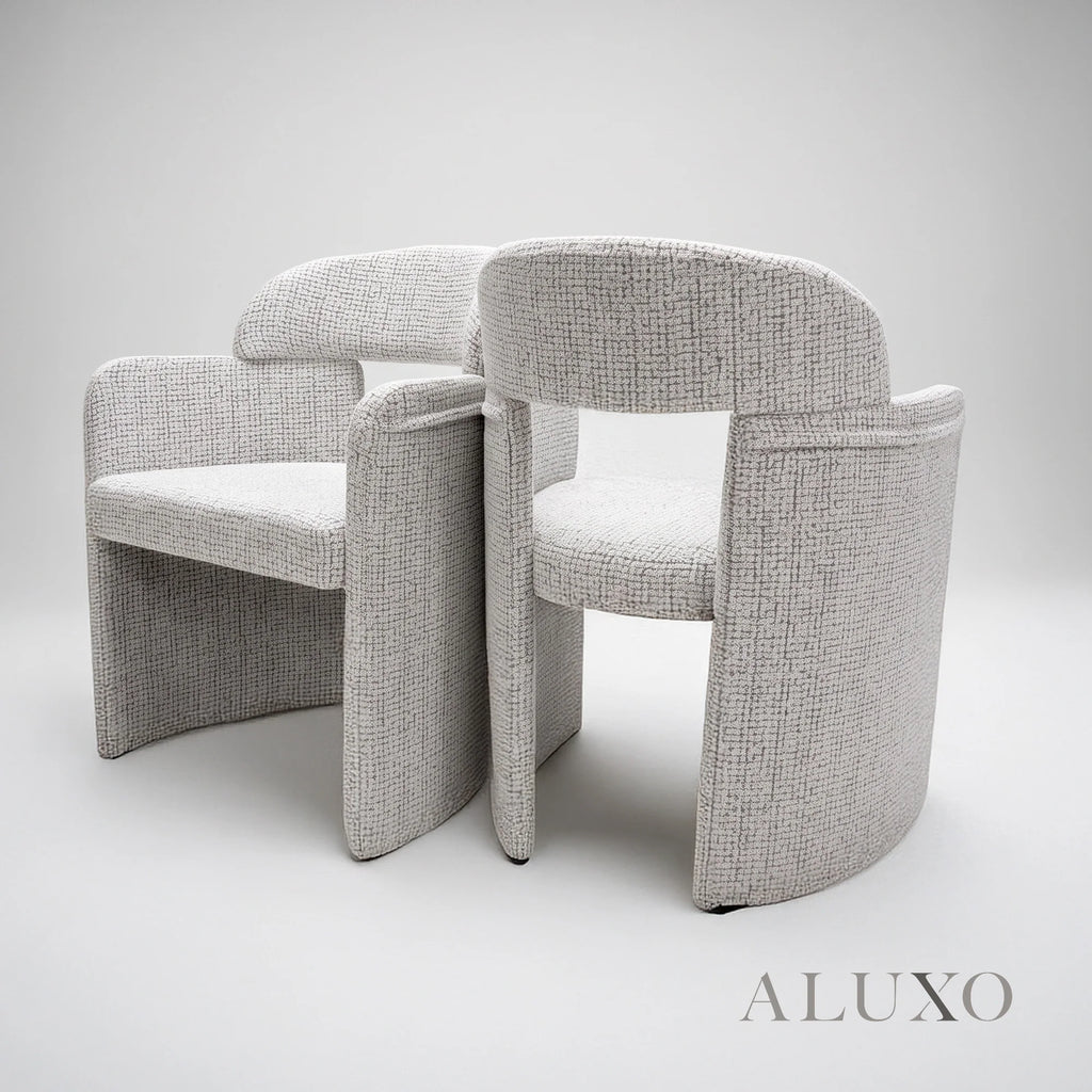 ALUXO® Madrid 2.0m Walnut Dining Set – Open Ebony Base Table with 4/6 Madrid Cream Bouclé Chairs