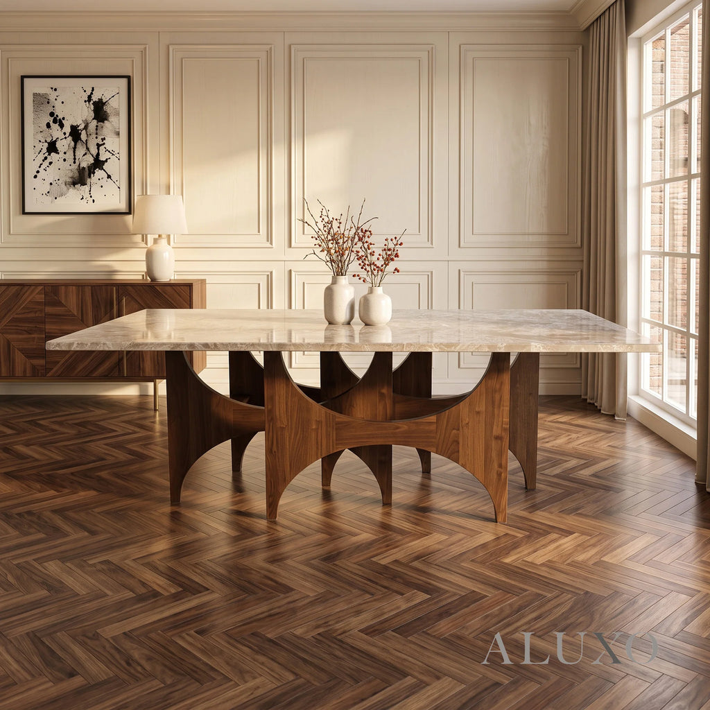 ALUXO® Mercado 2.2m Walnut & Beige Marble Dining Set – Sculptural Base Table with 6/8 Clara Oatmeal Bouclé Chairs