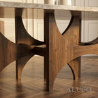 ALUXO® Mercado 2.2m Walnut & Beige Marble Dining Set – Sculptural Base Table with 6/8 Clara Oatmeal Bouclé Chairs