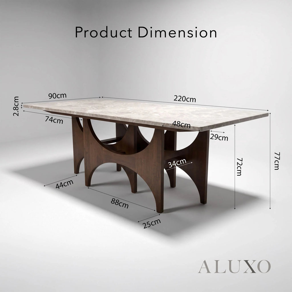 ALUXO® Mercado 2.2m Walnut & Beige Marble Dining Set – Sculptural Base Table with 6/8 Clara Oatmeal Bouclé Chairs