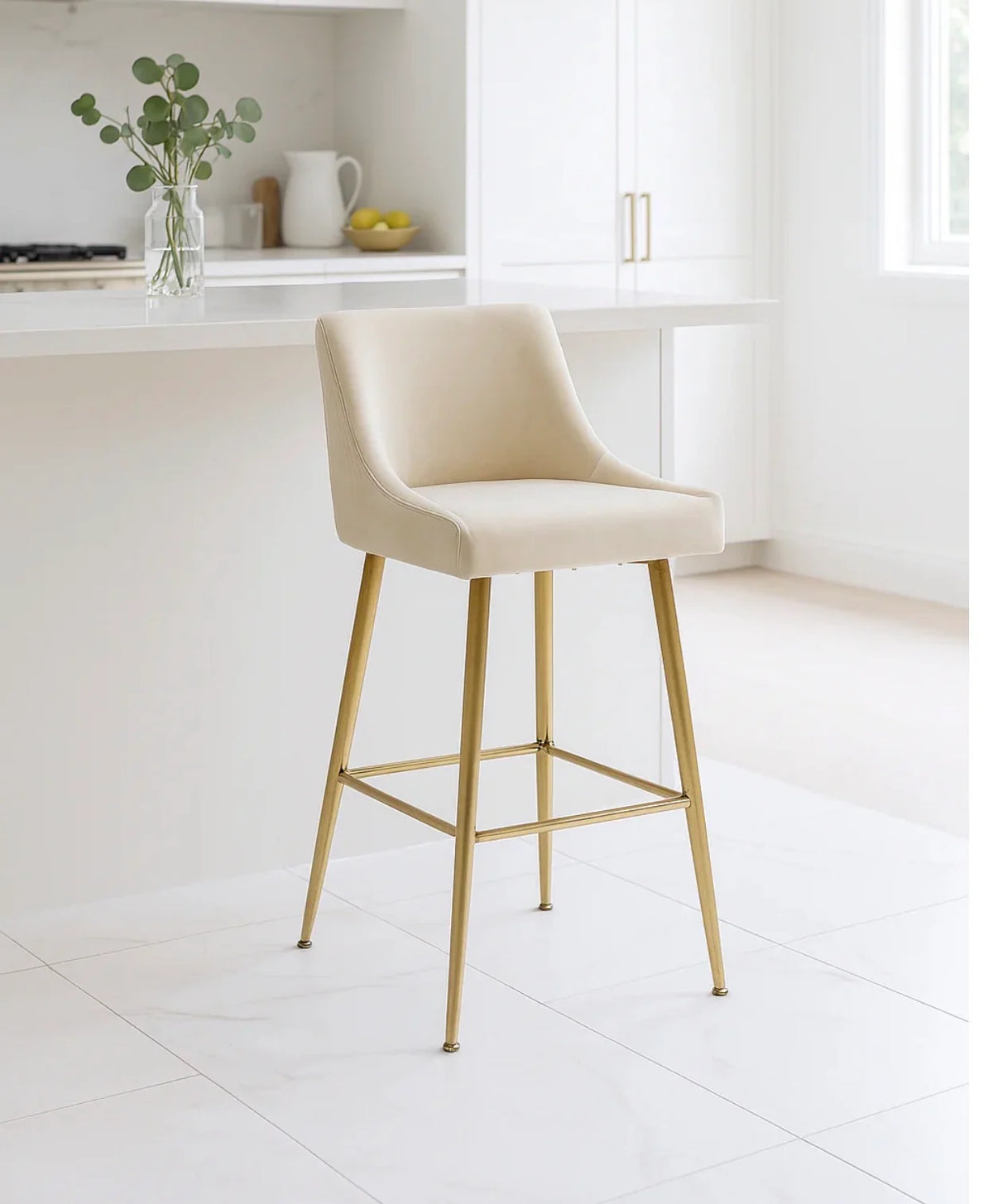 Milan Ivory Cream Velvet Bar Stool with Gold Legs | Luxury Kitchen Breakfast Bar Chair