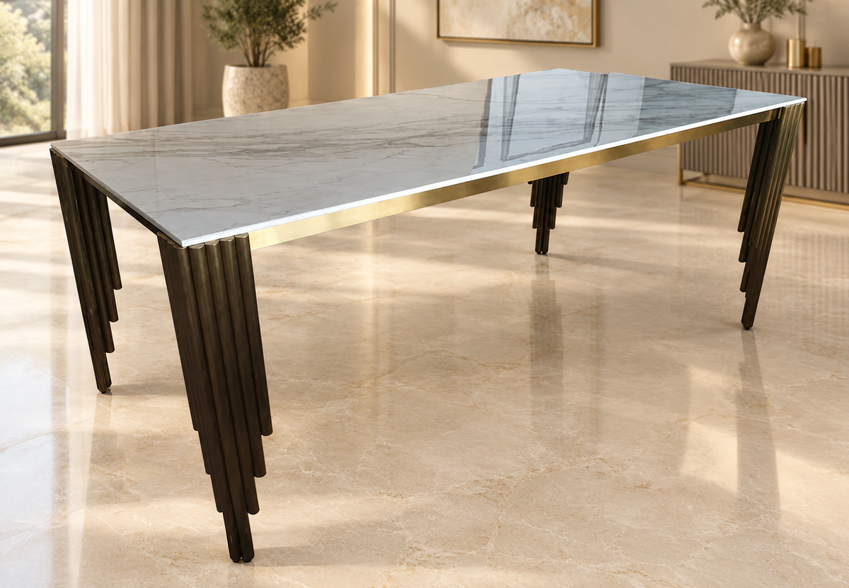 Roma 180CM Gold Marble Dining Table With Lucy Gold Ring Knocker Quilted Dining Chairs