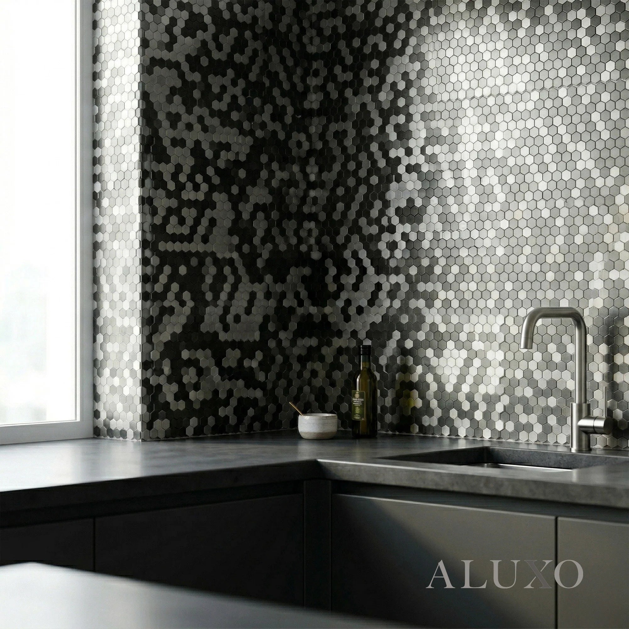 Mosaic Wall Tiles - Mini Hexagon Chrome Mix 30cm x 30cm (Set of 10) | Self Adhesive
