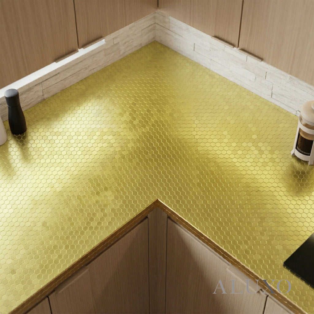 Mosaic Wall Tiles - Mini Hexagon Gold 30cm x 30cm (Set of 10) | Self Adhesive