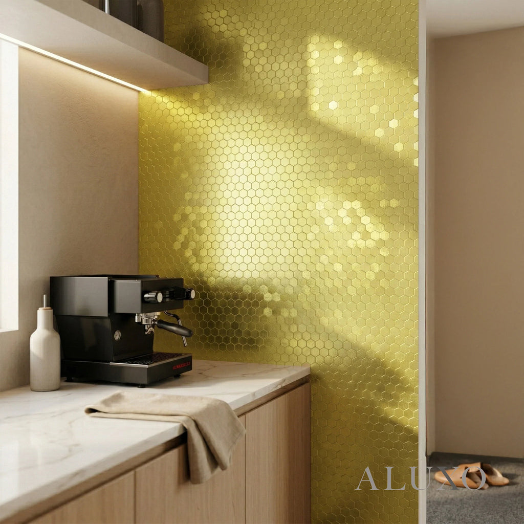 Mosaic Wall Tiles - Mini Hexagon Gold 30cm x 30cm (Set of 10) | Self Adhesive