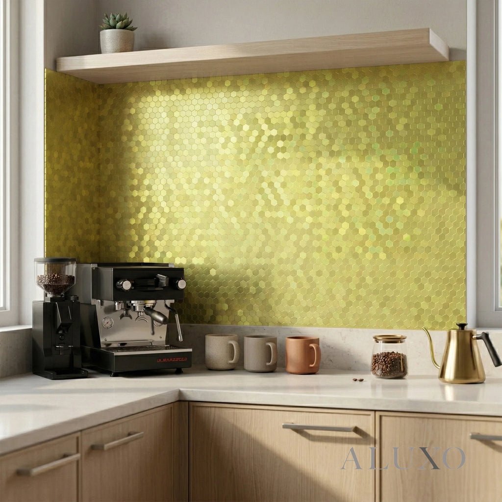 Mosaic Wall Tiles - Mini Hexagon Gold 30cm x 30cm (Set of 10) | Self Adhesive