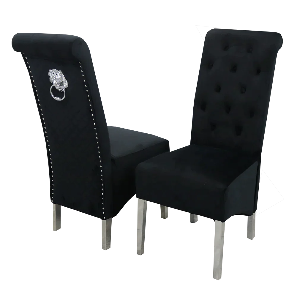 Arial 180cm Marble & Chrome Dining Table With Lucy Slim Quilted Lion Knocker Velvet Chairs