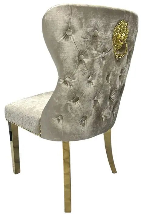 Chelsea Round 130cm Gold Dining Table with Lewis Mink and Gold Lion Knocker Chairs – Luxury Dining Set